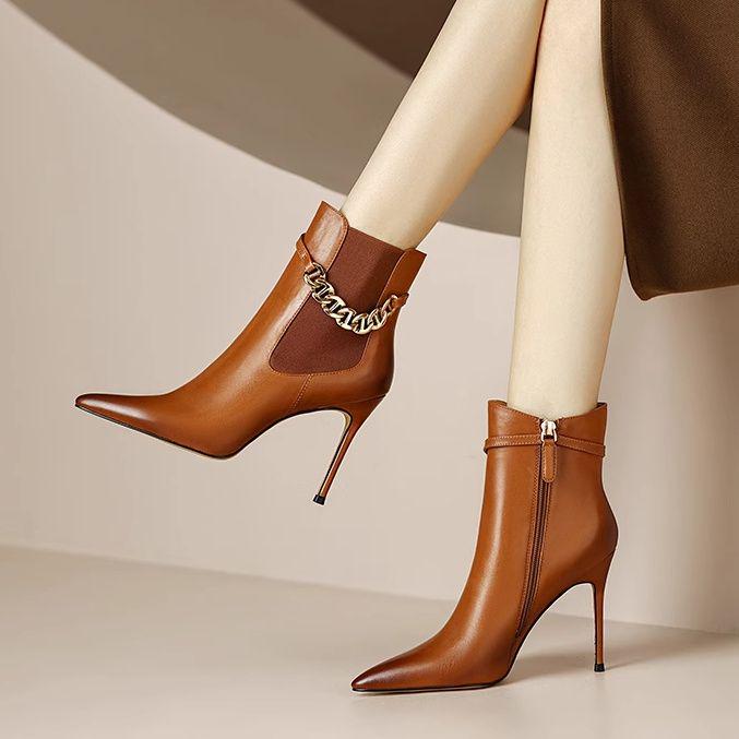 2025 Trendy Women's Genuine Leather Stiletto Ankle Boots with Velvet Lining