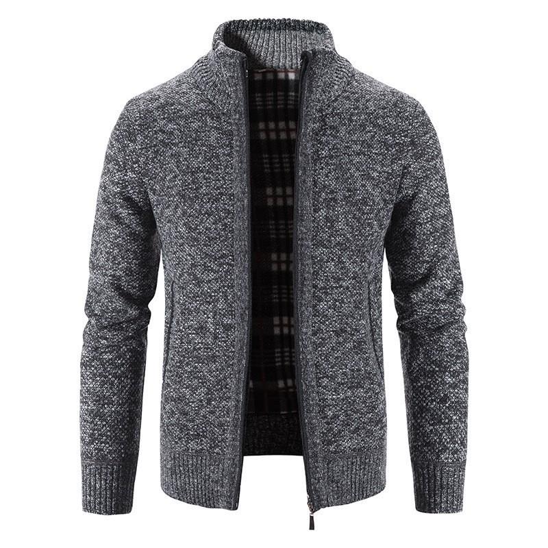 Mens Stand Collar Fleece Lined Solid Loose Knit Zip Up Long Sleeve Sweater Cardigan Coat