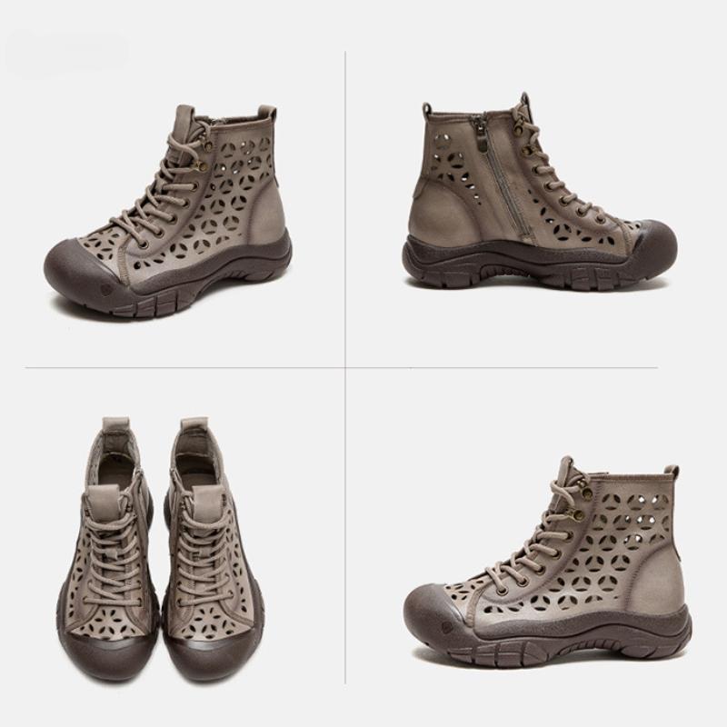 Johnature Genuine Leather Women Shoes Soft Sole Hollow-out Summer Boots Vintage Versatile Breathable Sandals