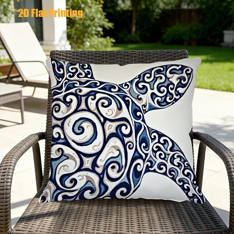 Double Sided Marine Blue And White Sea Turtle Print Throw Pillow Cover For Indoor And Outdoor Garden Sofa Decor
