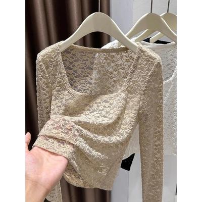 Mesh Lace Bottoming Shirt for Women In Autumn and Winter with Crocheted Hollow Square Collar and Long-sleeved T-shirt Top