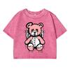 Lovely Puppet Bear Print Female Washed Short Tshirts Breathable T-Shirts Summer Soft Clothes Loose Distress Tshirts Women