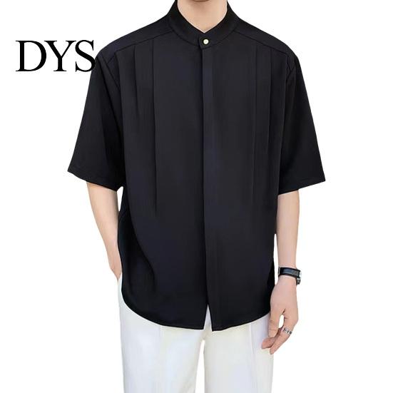 Formal Men Shirt Summer Stand Collar Ice Silk Solid Color Pleated Loose Fit Everyday Top Cardigan Half Sleeves Mid Length Casual Business Mature