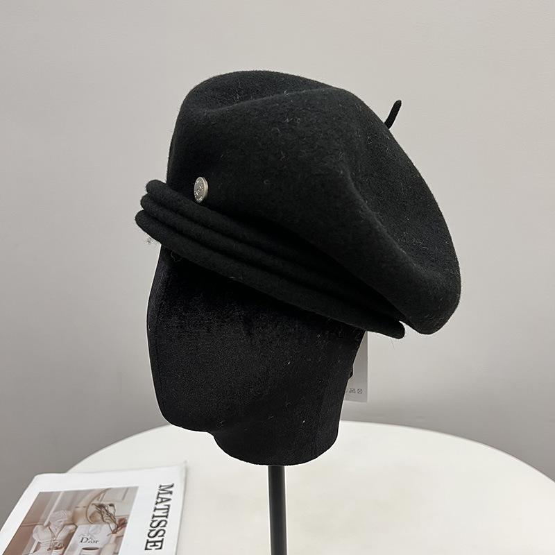 

Берет женский из австралийской шерсти с широкими полями, осенне-зимний, теплый, литературный и ретро, шляпа художника, персонализированная шляпа-тыква M（56-58cm） чёрный