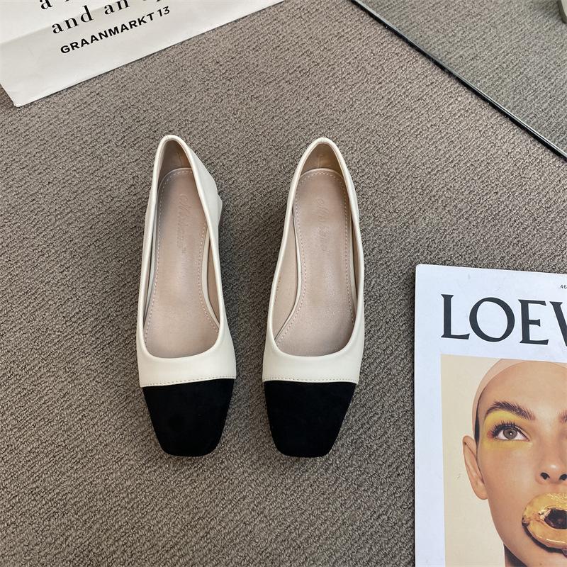 2025 Spring New Color Matching Fashion Design Square Head Thick Heel Single Shoes Women's Versatile Medium and High Heel Commuter Work Shoes