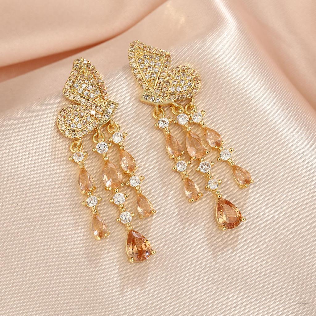 Floral Green Crystal Drop Earrings For Wedding And Party Wear