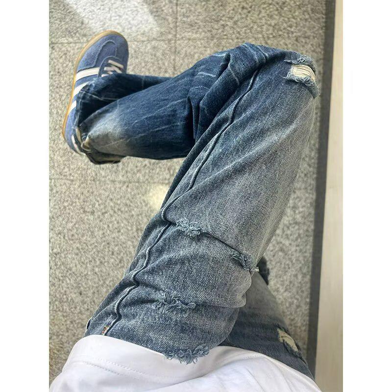 High Street Trendy Men's Ripped Denim Jeans - Spring/Autumn Versatile Fashionable Long Pants