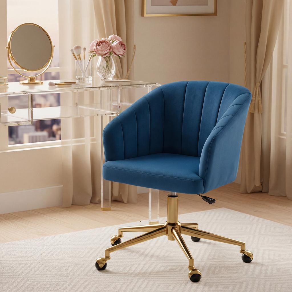 Office Chair With Velvet Wheels Padded Backrest Adjustable Height High Resilience Foam Blue