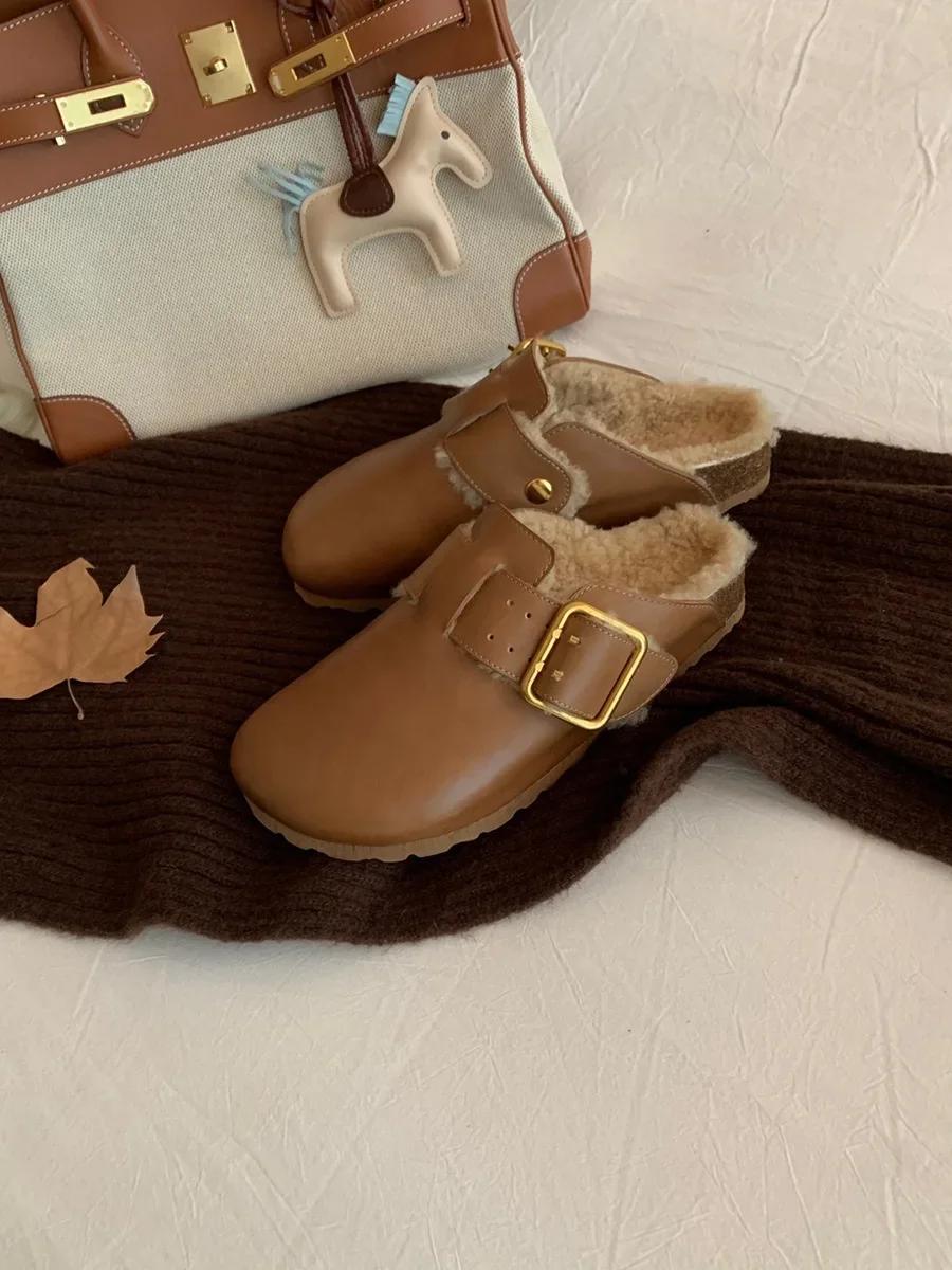 

Хлопковые тапочки для женщин, зимние, новые модные, с круглым носком, с пряжкой, женские туфли с кожаной поверхностью, ленивые полутапочки Zapatos 40