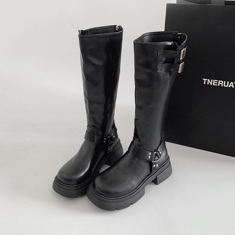 

Черные ретро платформа ботинки в британском стиле женские 2025 новая летняя маленькая высота и тонкие рыцарские ботинки 35 чёрный