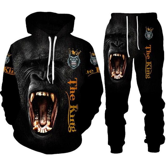 

Мужской спортивный костюм, комплект из 2 предметов, осенне-зимний комплект с капюшоном и 3d принтом шимпанзе, спортивные и повседневные мужские спортивные штаны, комплект Homme XXXXL