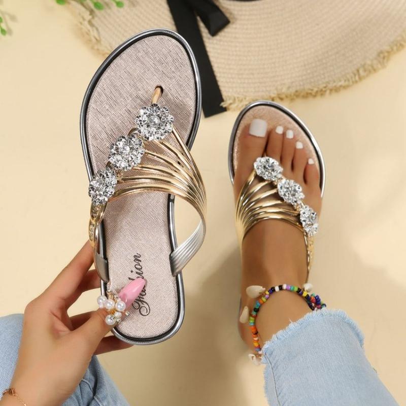 Women's Slippers Flats Shoes Floral Pattern Cutout Toe Post Flip Flops Summer Sandals Low Heels Beach Luxury Rhinestones