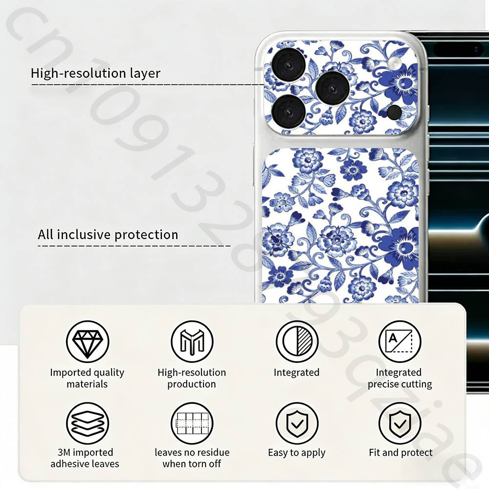 Blue and White Porcelain For iPhone 17 pro Max /17 pro Full Cover Decal Skin Wrap 3D Colorful Rear Protective Sticker Film