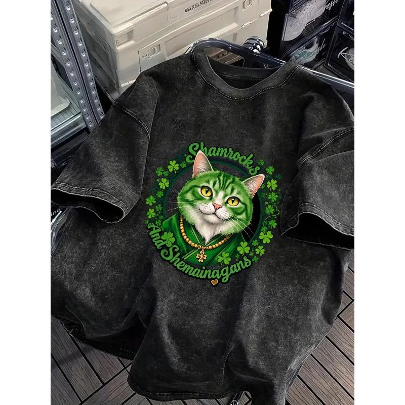 

Men S T-Shirt Featuring a Gothic Retro Design, Adorned with a Green Cat (Bright Yellow Eyes, White Nose) Wearing a Golden Chain Cross Necklace S чёрный
