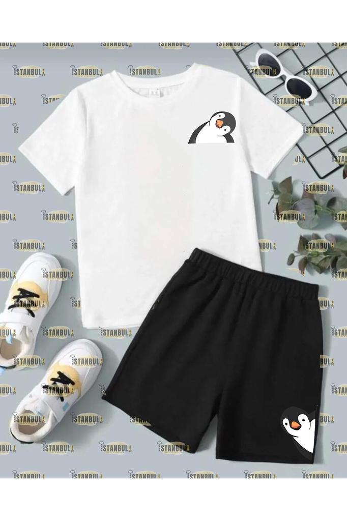 Women's Style Big Size Under-Upper Team Sleeping Penguin Printed T-Shirt Shorts Tracksuit Top And Bottom Set