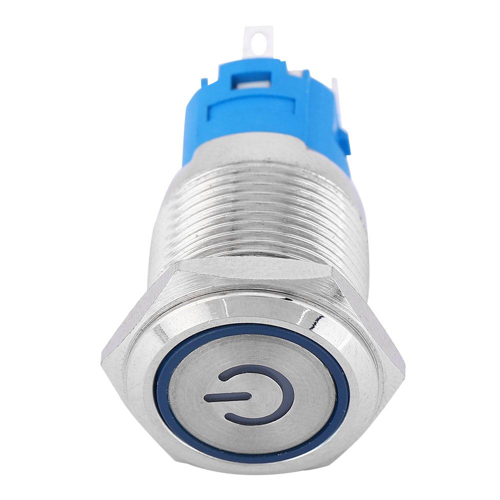 Blue LED Flat Round Head Self Reset Metal Push Button Ring with Power Symbol 16mm(220V)