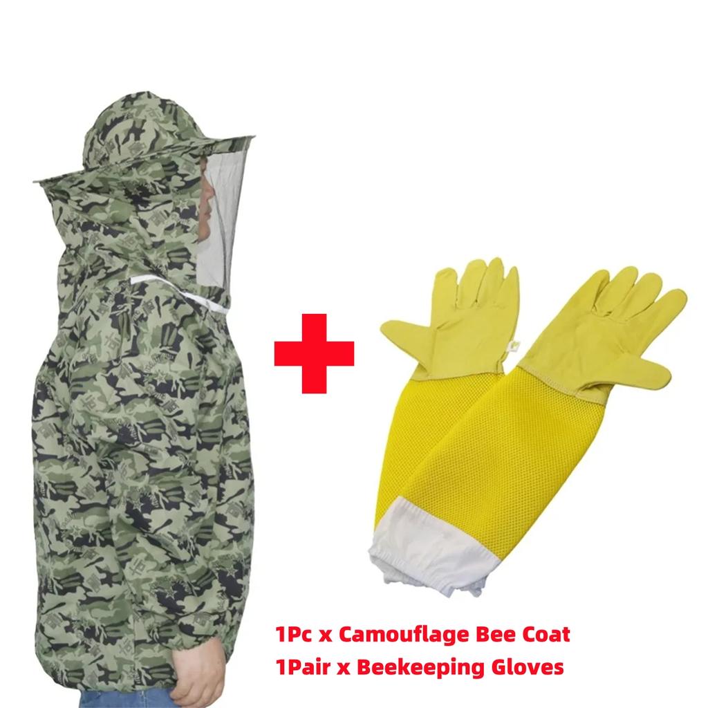 Bee-Proof Suit and Gloves Kit Camouflage Half-Length Breathable Bee Clothes with Hat Outdoor Beekeeping Protective Tools 1 Set