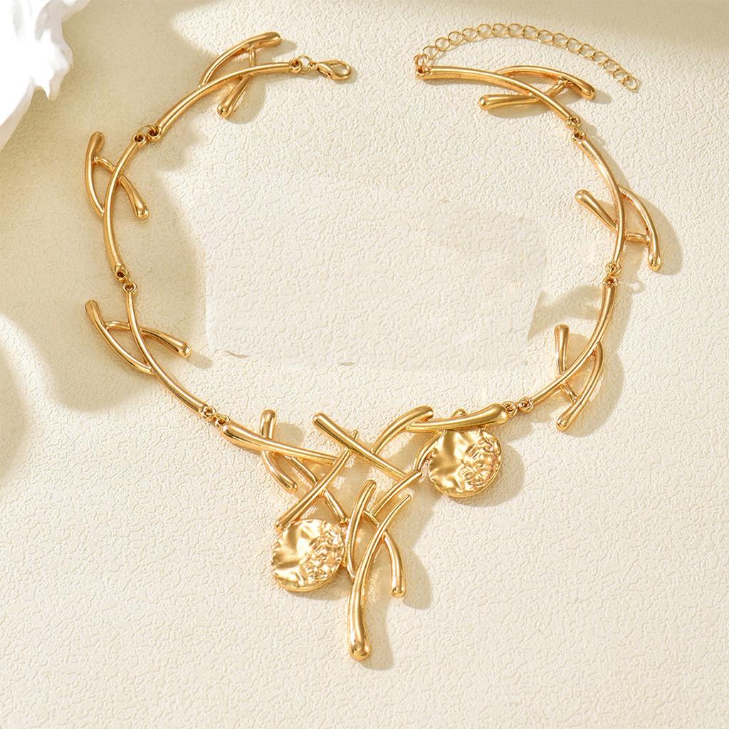 Trendy Gold Color Abstract Branch Necklace Earrings Set Women Chunky Hammered Statement Jewelry