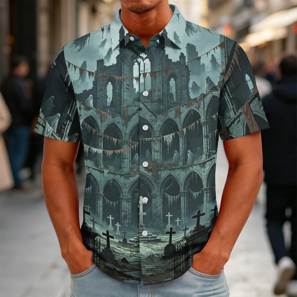 Men's Halloween Print Vintage Texture Button Down Cardigan, Loose Fit Breathable Summer Streetwear Casual Shirt