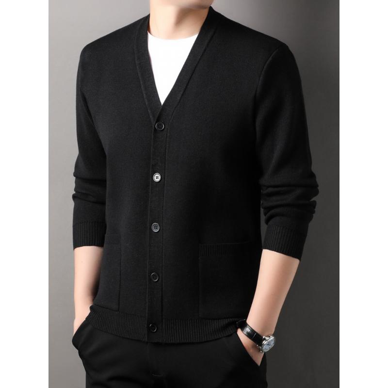 Men's Knitted Cardigan Coat Spring and Autumn V-neck Solid Color Top Real Pocket Sweater Business Casual Outdoor Sweater
