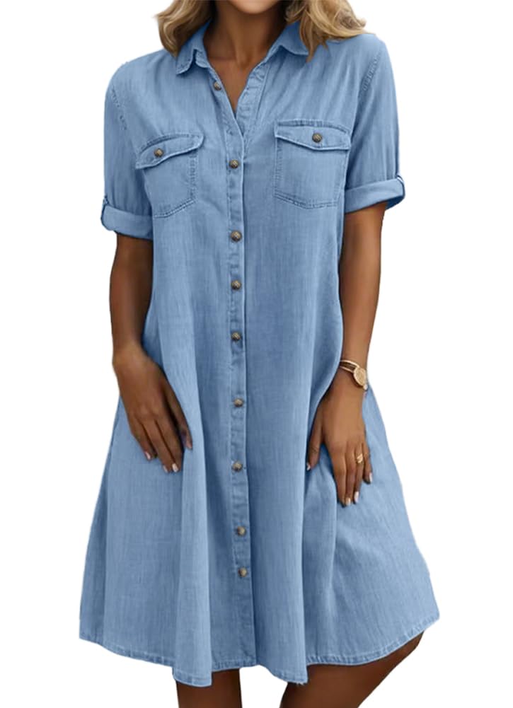 Women's Summer Short Sleeve Denim Shirt Dress Business Casual Button Down Midi Long Jean Dress