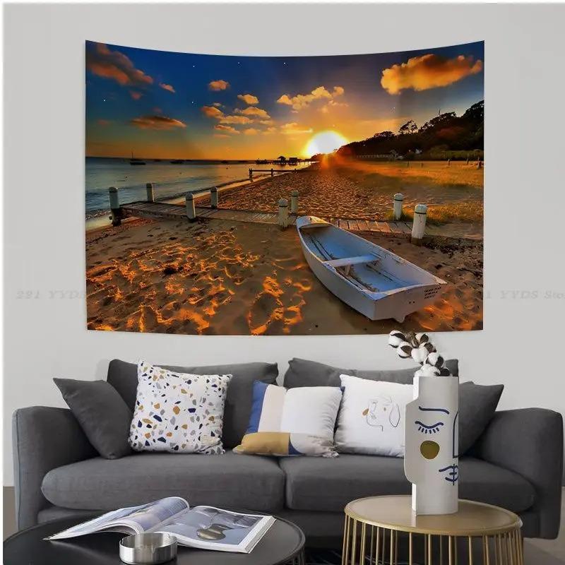Büro Wohnzimmer Wandteppich Landschaft Strand Sonnenuntergang Cartoon Wandteppich Home Wanddekoration Wandteppich