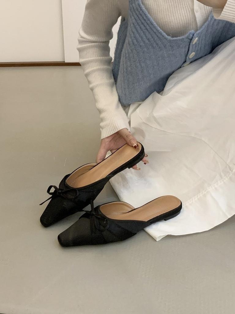 Flat bottom pink bow bag head half slippers fairy shoes spring temperament half support single shoes