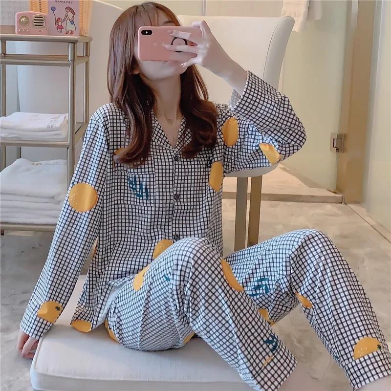 Pajamas Women's Autumn Winter Long Sleeve Long Pants Plaid Cardigan Vintage Red Plaid Wearable Lounge Set Women's University