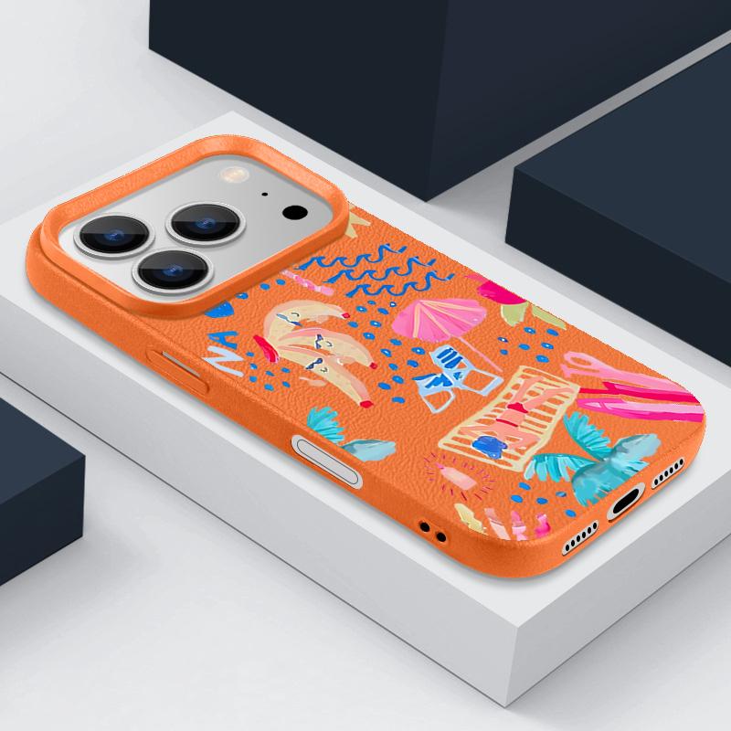 For iPhone 17 Pro Max Case Luxury Cartoon Vacation Painting Leather Texture Silicone Cover For iPhone 16 Pro Max 15 14 13 12 11 16E Air