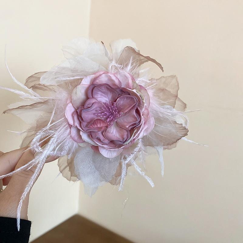 Super Fairy Lace Fabric Flower Feather Grab Clip Elegant Internet Celebrity Back Head Hair Clip