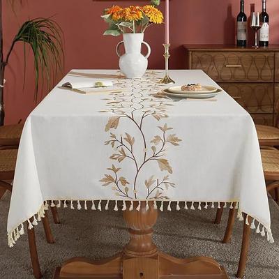 Baumwoll-Leinen-Tischdecke Strapazierfähige bestickte Tischdecken Landhausstil Tischdecke, Weiche und knitterfreie Tischabdeckung mit Quasten