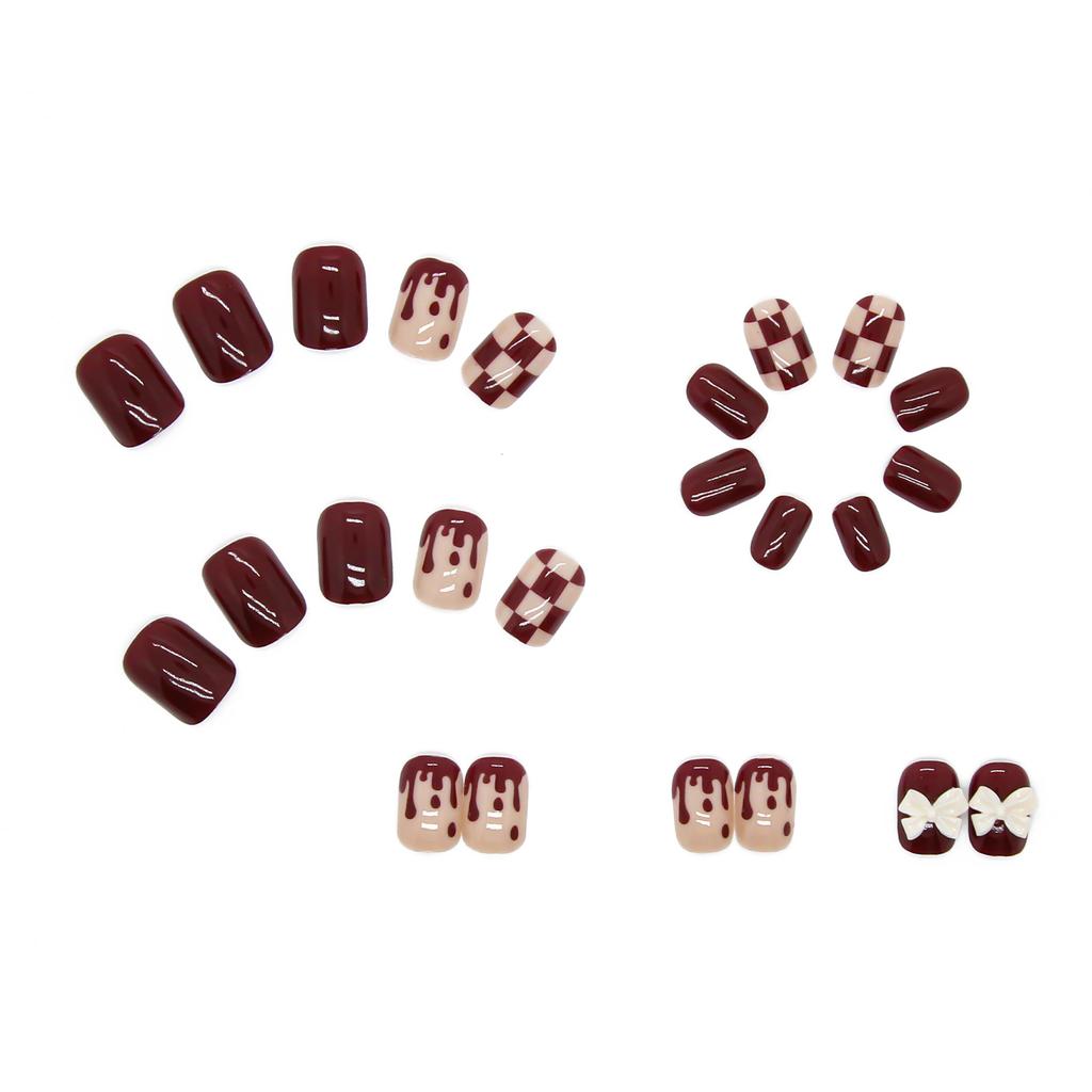 Wearable Nail Sticker Wearing Nail Red Bow Internet Celebrity Checkerboard Fake Nail New Year's Nail Piece