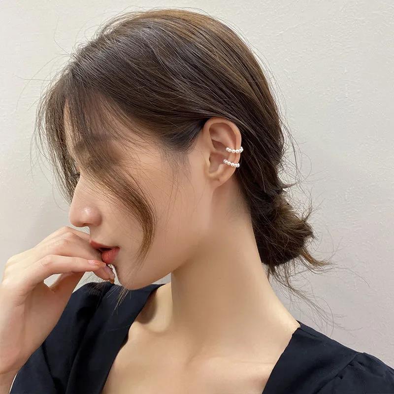 2026 New Korea Trendy Charm Pearl Beaded Ear Cuff Clip Earring for Women Fake Piercing Bone C-shaped Jewelry Accessory Wholesale