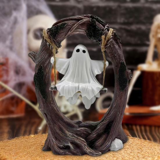 Halloween Ghost on Tree Swing Figurine Swinging Cartoon Ghost Statue Ornament Home Office Garden Patio Lawn Bookshelf Desktop Decoration