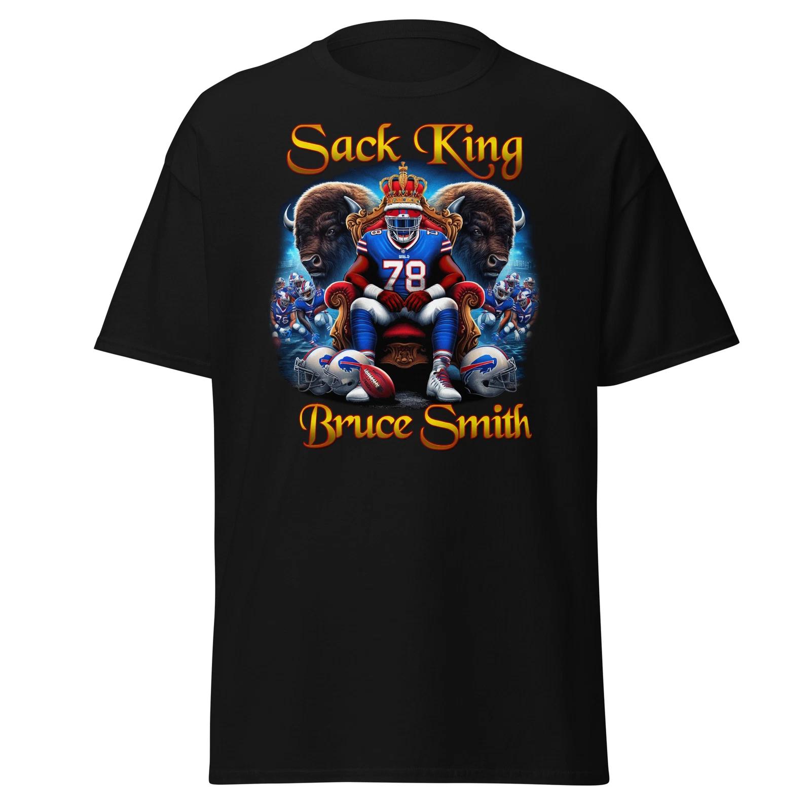 Men s and Women s T-shirts Sack King Bruce Smith T-Shirt - Celebrating Defensive Dominance XS