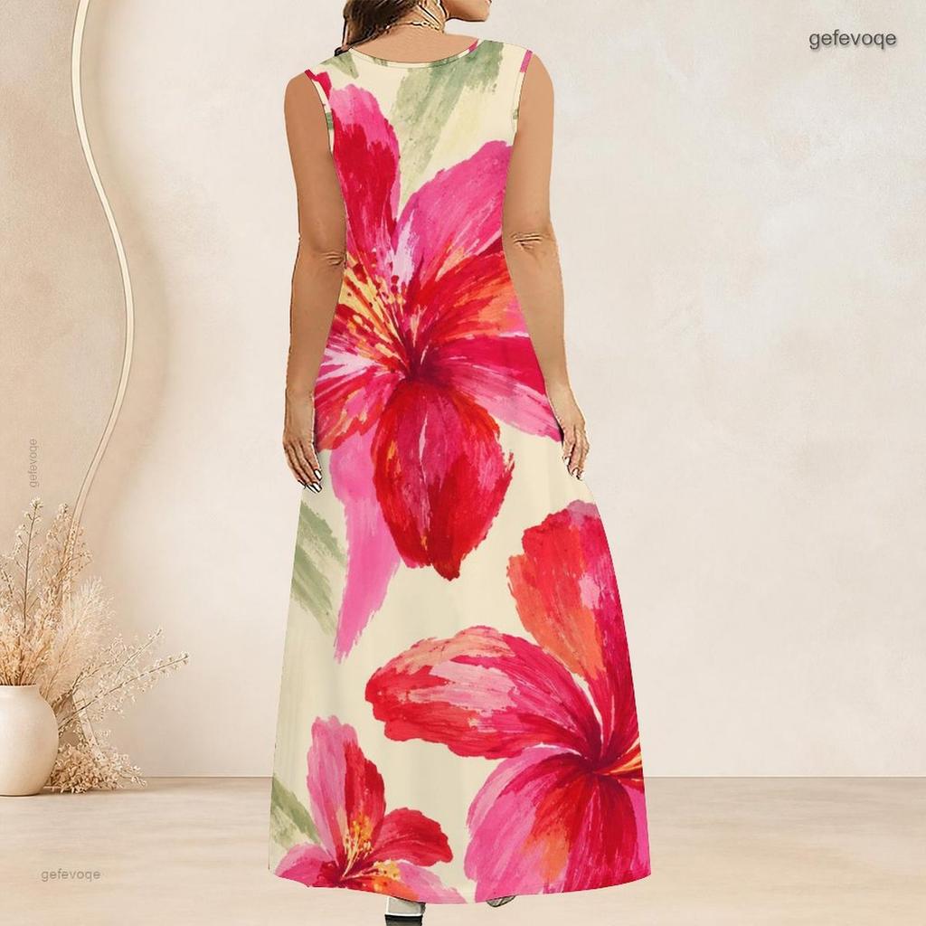 Women Plus Size Scoop Neck Sleeveless Printed Orange A Line Maxi Dress