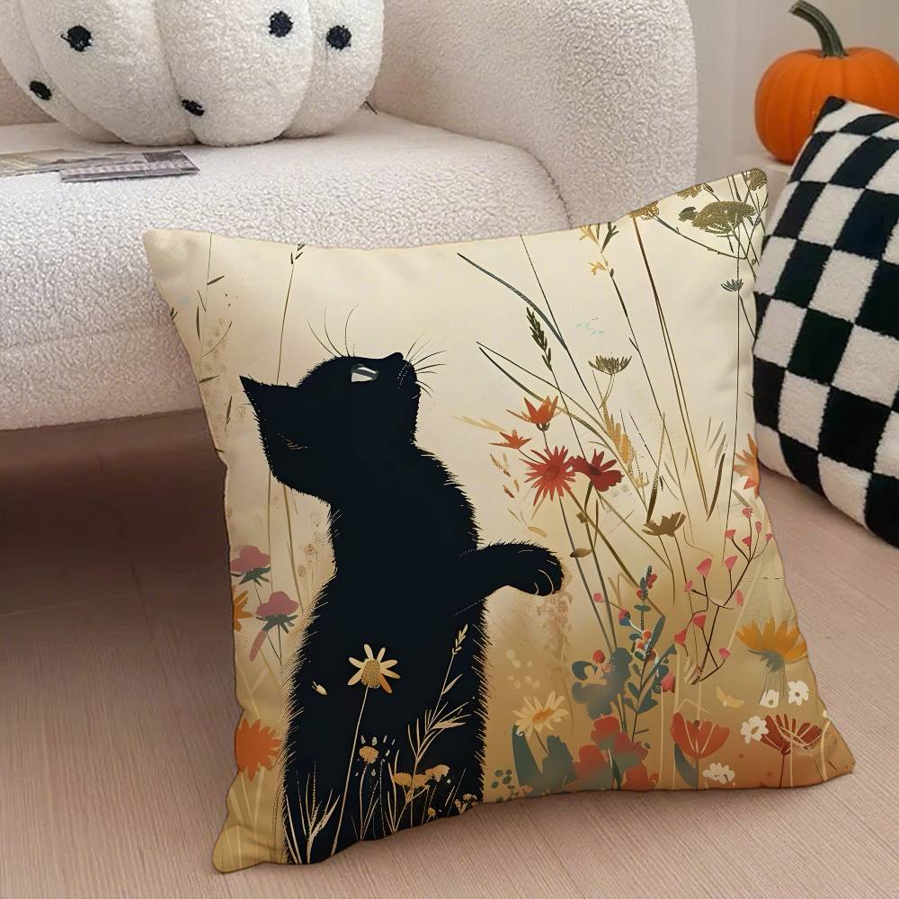 

Милый мультяшный маленький черный кот Наволочка Наволочка против пылевых клещей Невидимая молния Шелковистый короткий плюш Чехол на подушку для дивана 12x12Inch