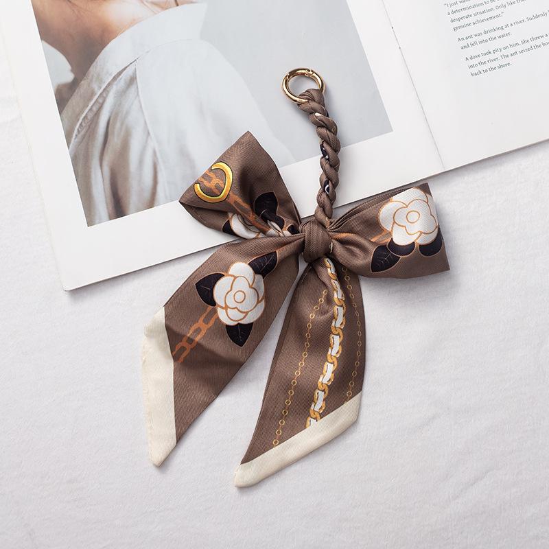 Silk Scarf Keychain with Horseshoe Buckle and Ribbon Bow for Bags and Cars