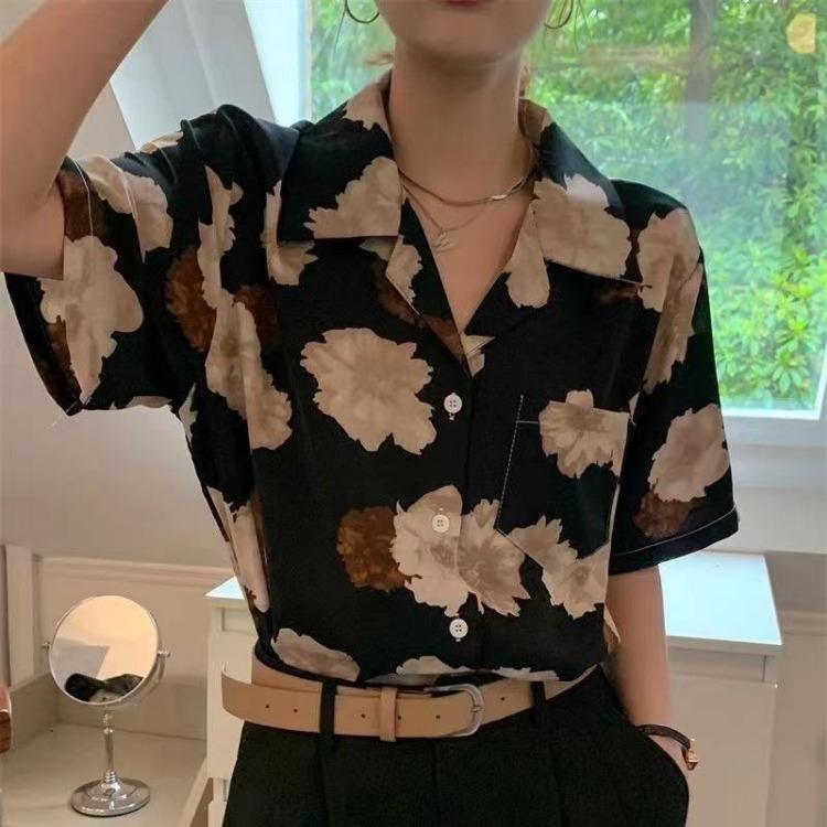 Vintage Floral Print Women Blouse Casual Loose Fit Turn Down Collar Leaf Design Chic Single Breasted Ladies Top