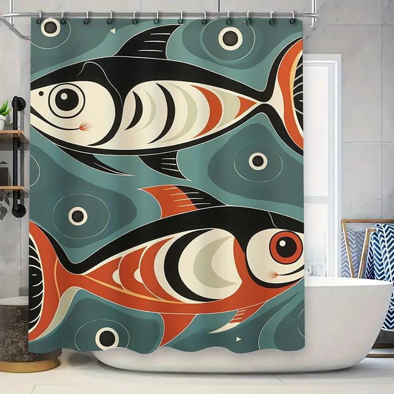 Modern Artistic Colorful Fish Pattern Waterproof Shower Curtain For Stylish Bathroom Decor, Easy Install