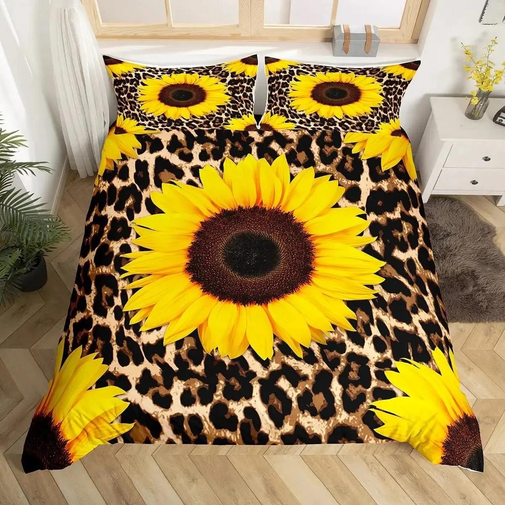 Sunflower Duvet Cover Set Full Size for Girl Yellow Flower Bedding Set Botanical Floral Comforter Cover on Teal Wood Quilt Cover