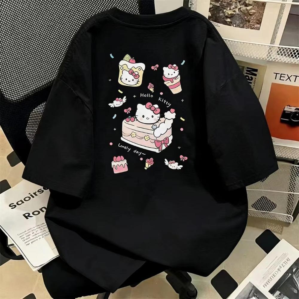 2026 Hello Kitty Short Sleeve for women,casual crew neck, cute cartoon print, Comfortable and loose-fitting