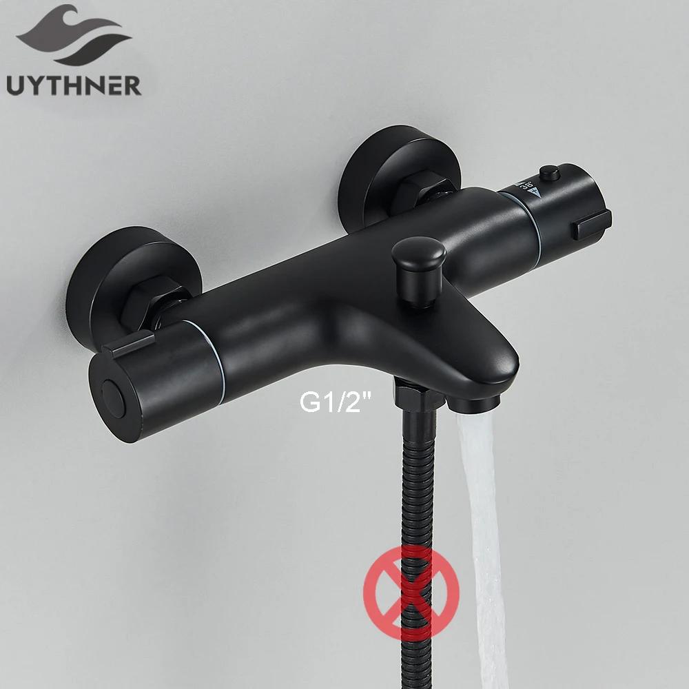 Thermostatic Shower Set Black/Chrome Brass Wall Mounted Bathroom Shower Thermostat Mixer Valve Handle Spray Bathroom Accessories