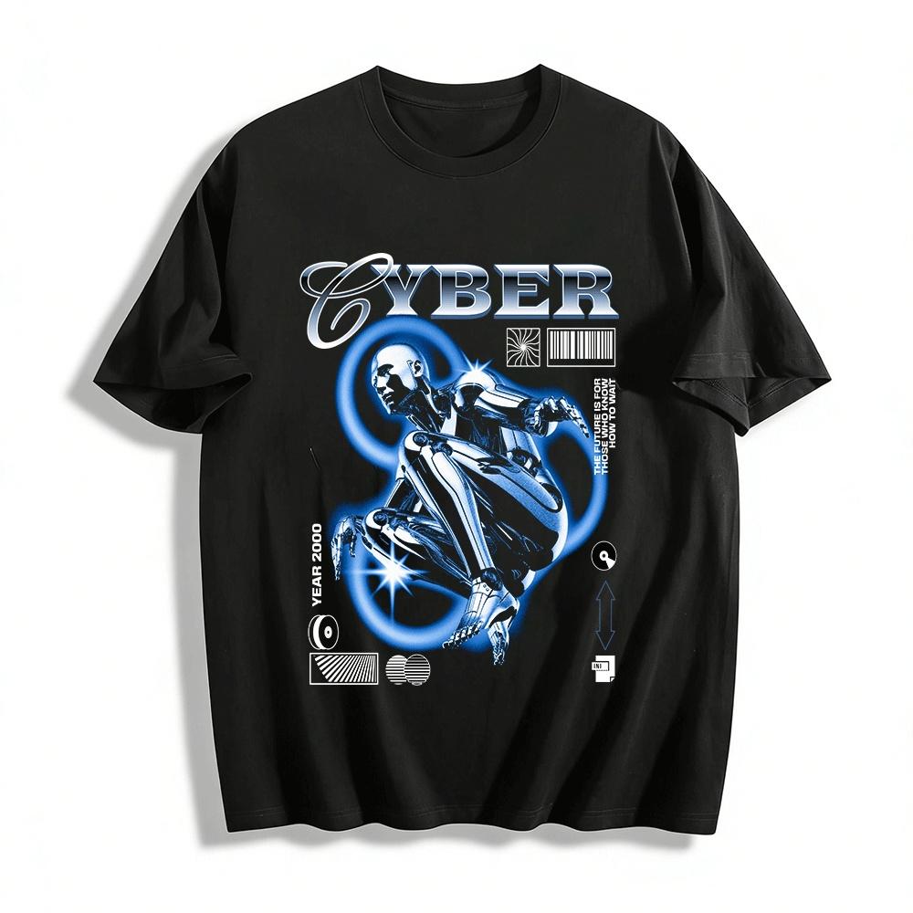 

Cyberpunk Robot Print T-shirt Futuristic Tech Style Trendy Short Sleeve Top Pure cotton T-shirt XXS