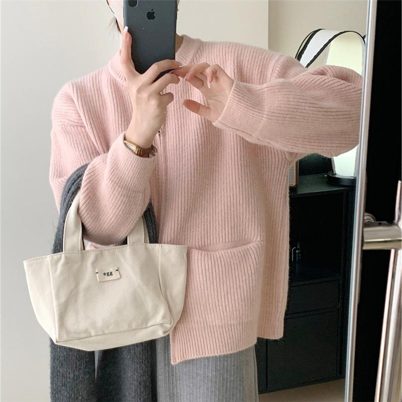Double zipper solid color design sweater cardigan women's spring and autumn new Korean loose casual knitted sweater women