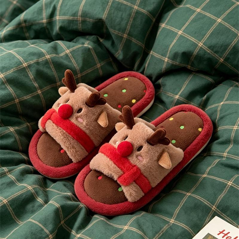 Christmas Reindeer Cartoon Plush Slippers Men Women Winter Comfortable Light Bedroom Shoes Furry Home Open-toed Slides