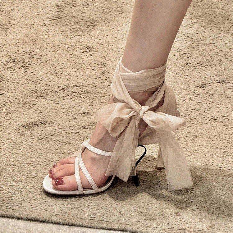 Fairy style tulle cross strap high heels women round toe open toe stiletto Roman sandals 34