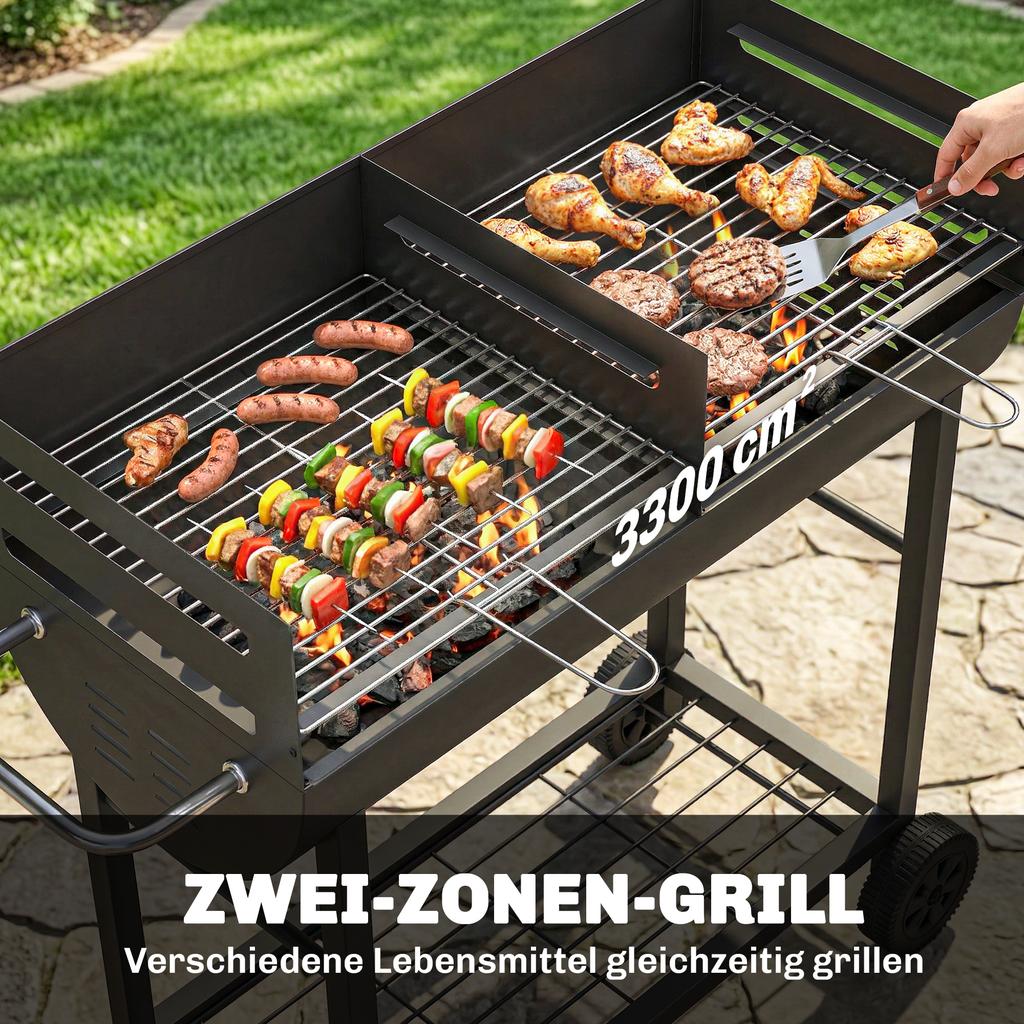 Charcoal Barbecue Grill with 2 Cooking Areas, Portable BBQ Trolley with Wheels, Height Adjustable Grates, Bottom Shelf