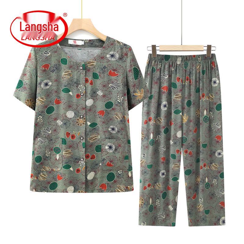 LangSha Women s Summer Floral Cotton Silk Two-Piece Set 5XL