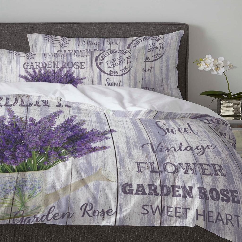 Blomma Lavendel Vattenkokare Vintage Vykort Trä Påslakan Med Örngott 3st Sängkläder Set Täcke Dubbelsäng Hemtextil